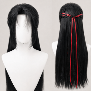 Clean studio product image of black Hanfu cosplay wig with long back hair braided detail and red ribbon back view