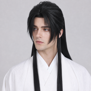 Western male model wearing black ancient Hanfu cosplay wig with fluffy top layered bangs and long back hair