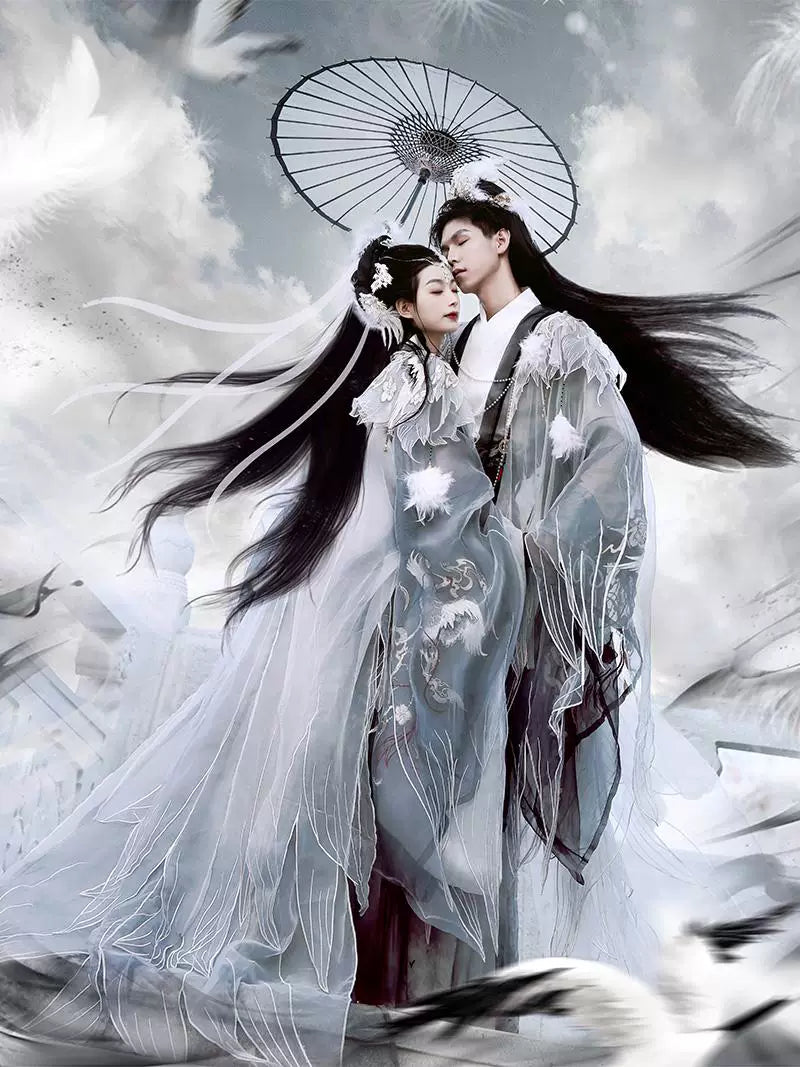 Heming Jiuxiao couple Hanfu outfit black and white ancient costume detail
