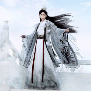 Women's white Wei Jin Hanfu outfit detail for couple costume set