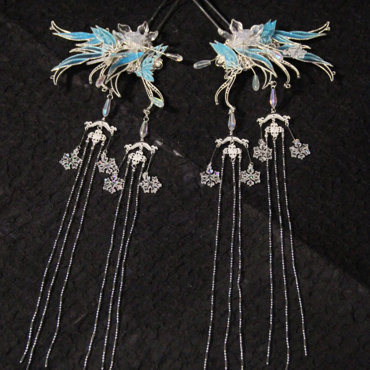 Matching Ice Blossom hairpin pair with long dangling chains