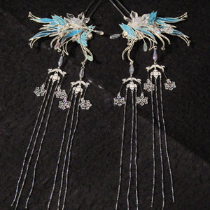 Matching Ice Blossom hairpin pair with long dangling chains