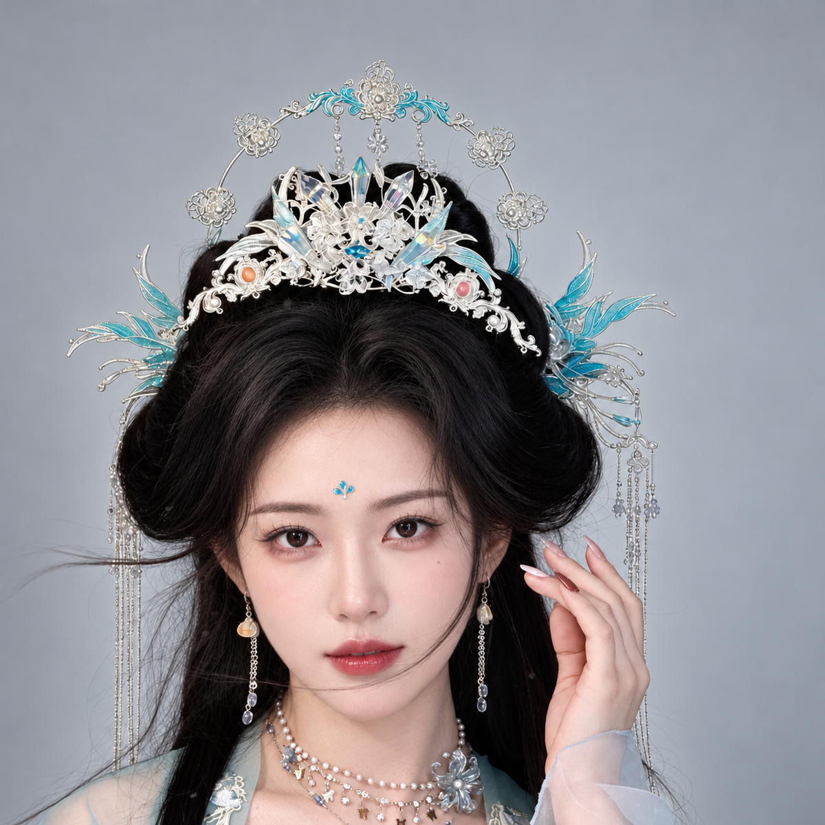 Ice Blossom crown halo and hairpins styled together on a model