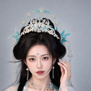 Ice Blossom crown halo and hairpins styled together on a model