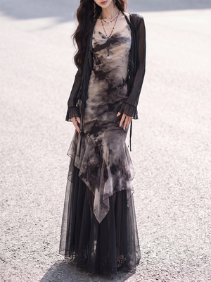 Ink print halter dress and flared-sleeve chiffon cardigan full-length styling