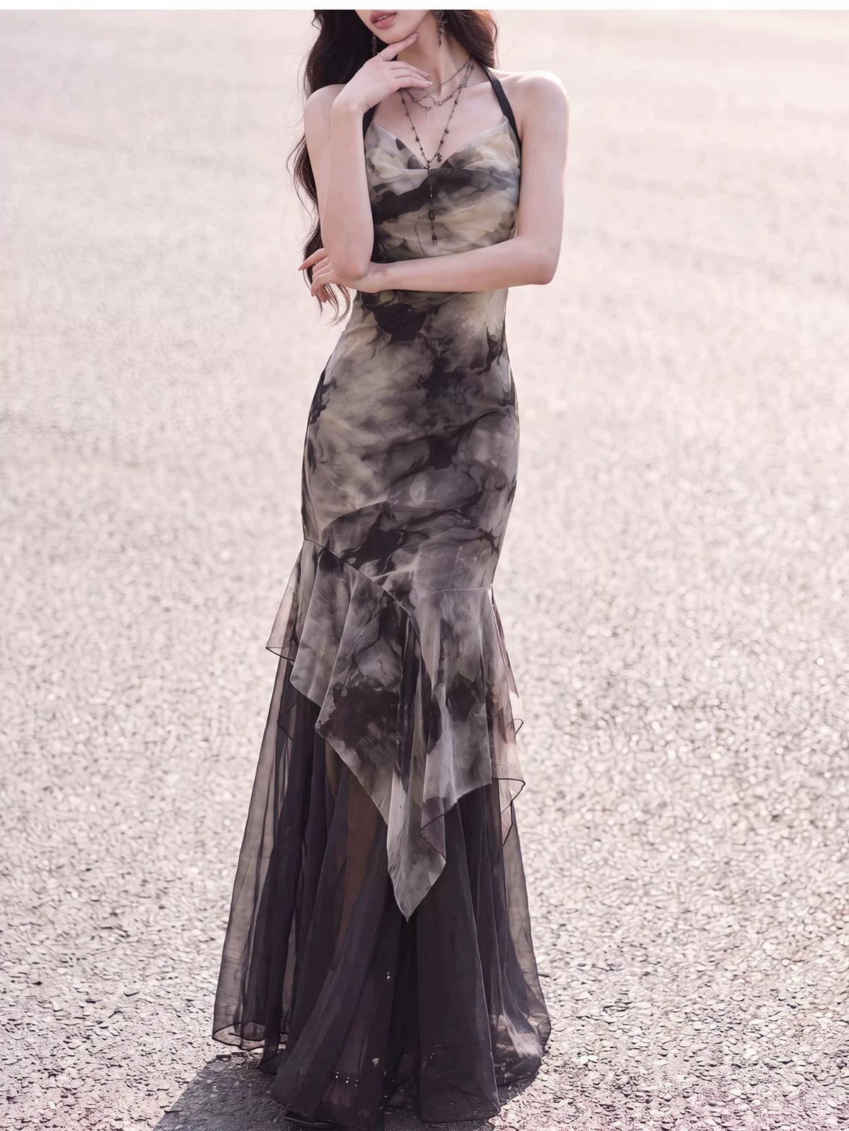 Ink print mesh-knit halter dress front view