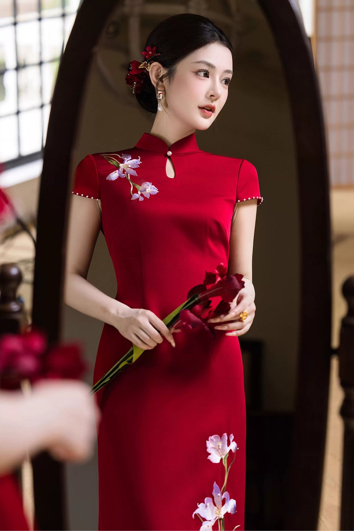 Iris Red Bridal Cheongsam — Side portrait with iris embroidery