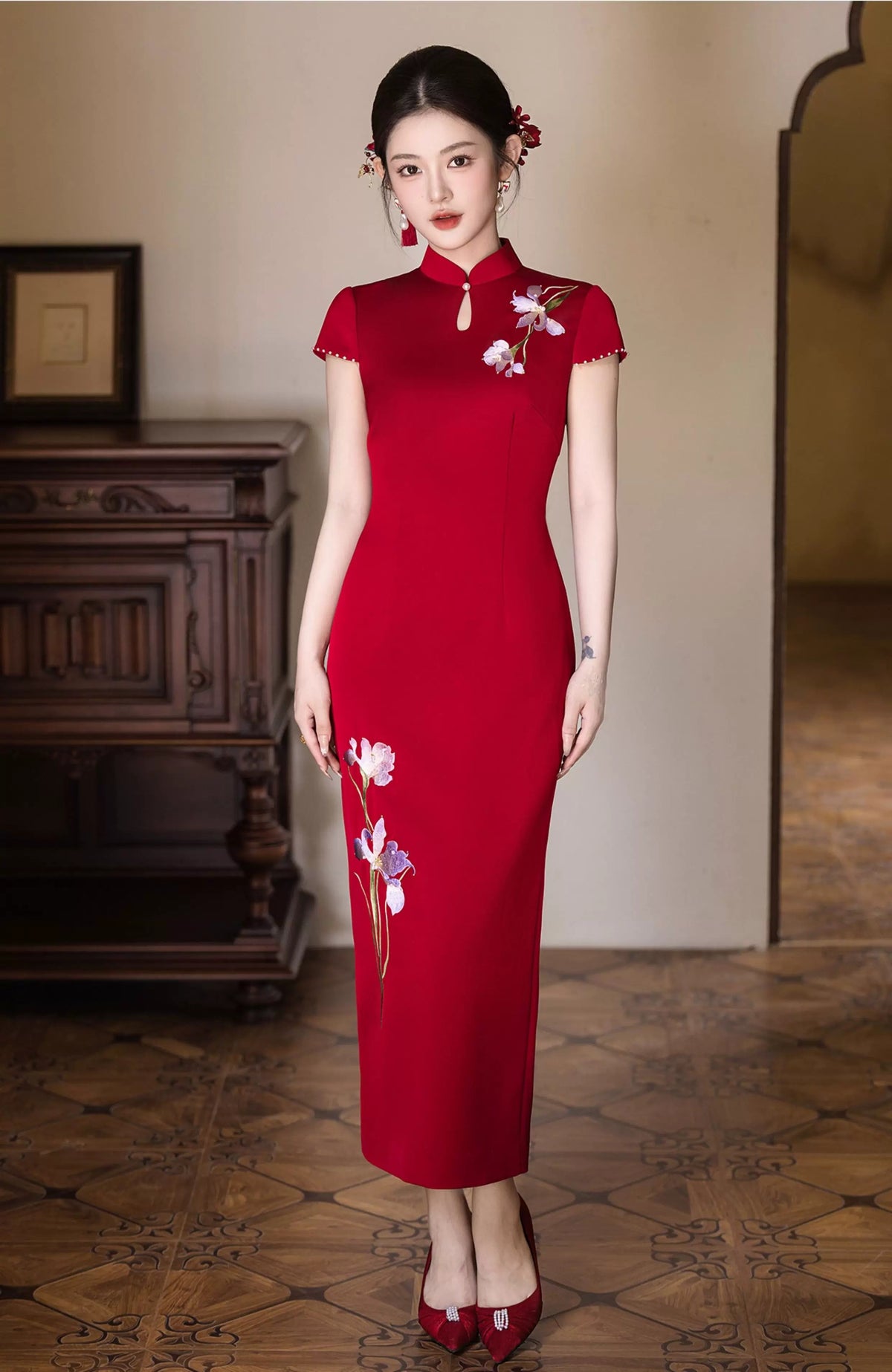 Iris Red Bridal Cheongsam — Full-length front view of the red dress