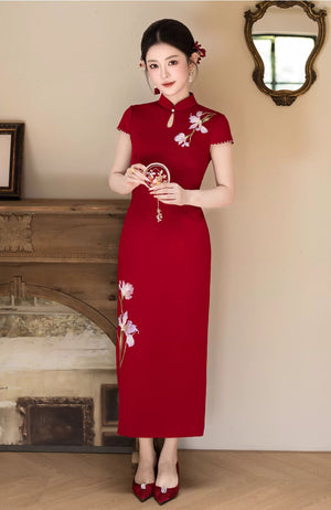 Iris Red Bridal Cheongsam — Full-length view beside the fireplace
