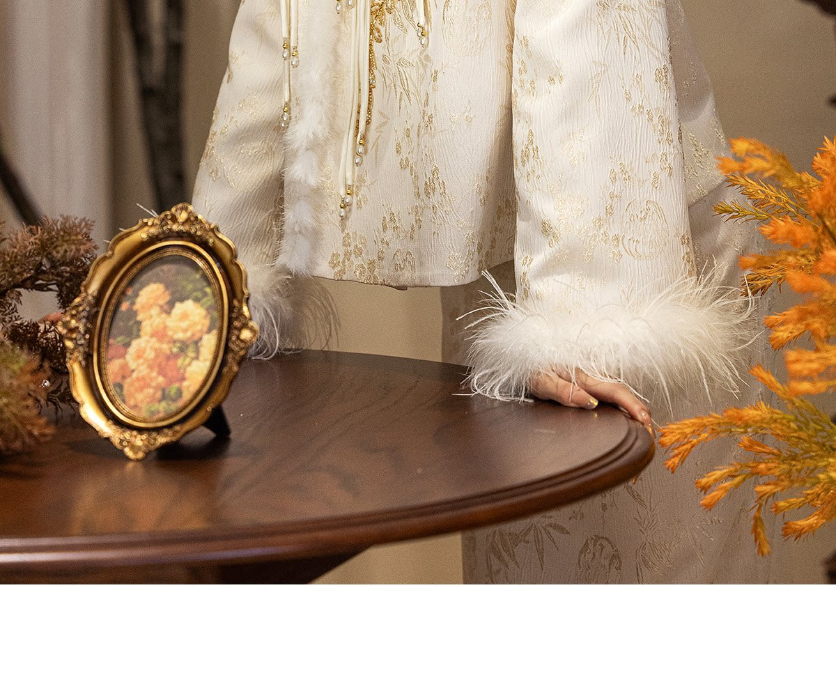 Ivory bridal jacket hanging ties, feather cuff and decorative front
