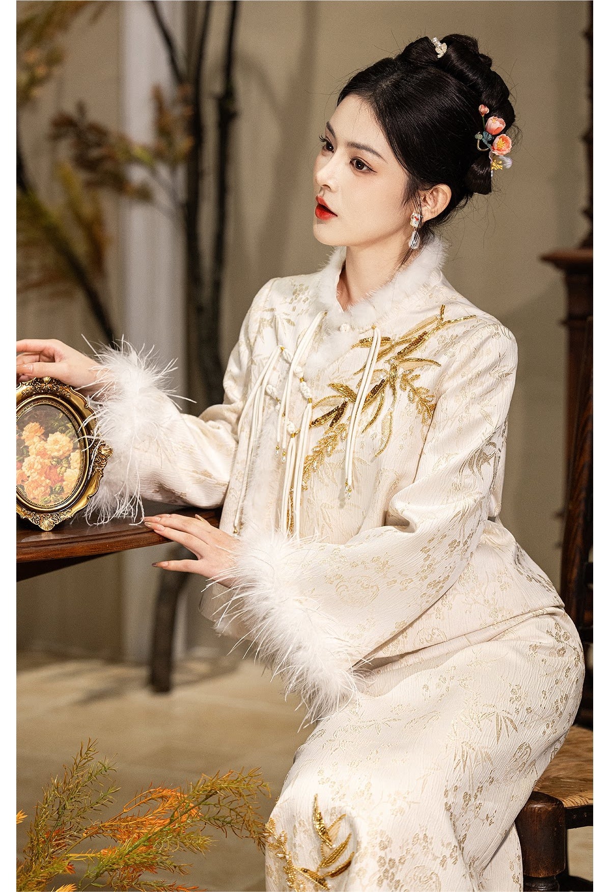 Ivory & Gold Bamboo Bridal Jacket & Skirt Set — Seated view of the jacket and skirt