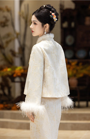 Ivory & Gold Bamboo Bridal Jacket & Skirt Set — Side and back view showing jacket tailoring