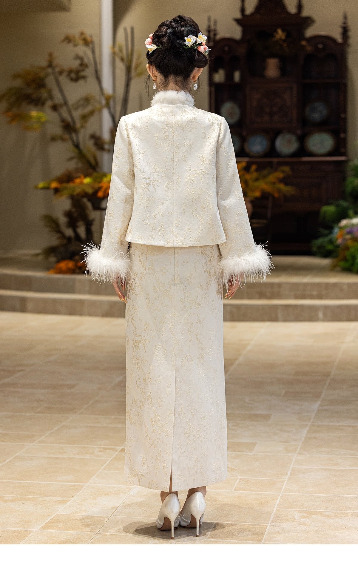 Ivory & Gold Bamboo Bridal Jacket & Skirt Set — Full-length back view of the jacket and skirt