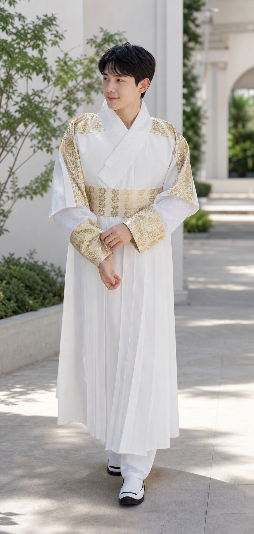 Ivory gold men's Korean hanbok robe set courtyard lifestyle product photo