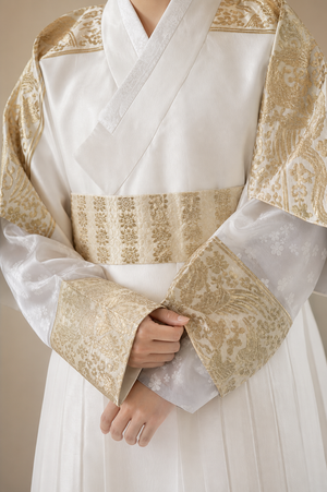 Ivory gold men's Korean hanbok champagne brocade shoulder sash cuff and jacquard sleeve detail