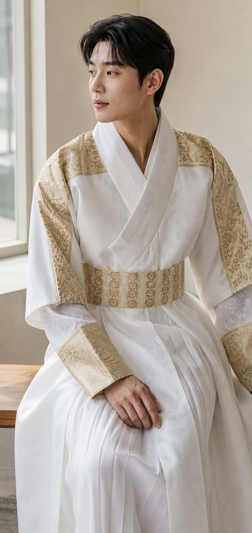 Ivory gold men's Korean hanbok robe set seated window lifestyle product photo