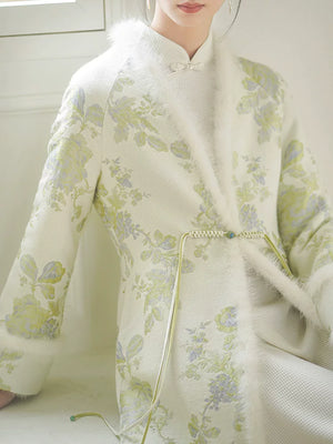 Design view of the Ivory-Green woven floral wool-blend long coat, highlighting woven floral pattern, wool-blend texture and elegant long-line shape.