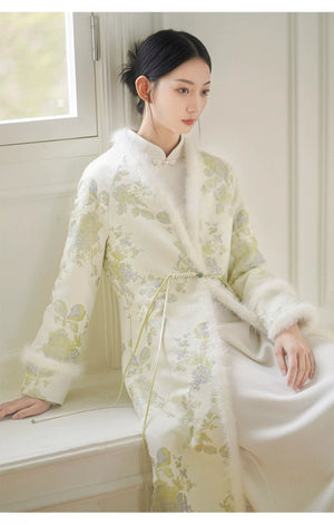 Silhouette and fit view of the Ivory-Green woven floral wool-blend long coat, a contemporary New Chinese Style coat.