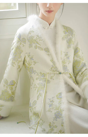 Close product view of the Ivory-Green woven floral wool-blend long coat, focused on its Chinese-inspired design details.
