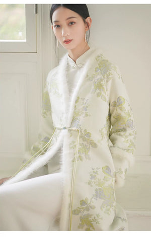 Three-quarter product view of the Ivory-Green woven floral wool-blend long coat, a refined New Chinese Style coat for elegant occasions.