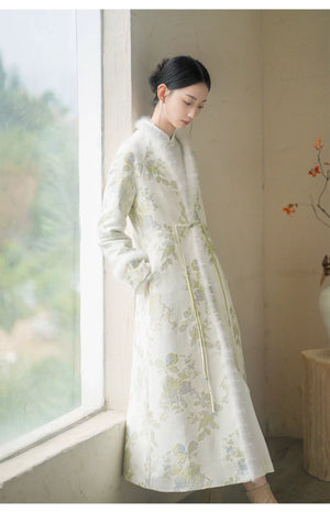Detailed product image of the Ivory-Green woven floral wool-blend long coat, showing fabric texture, finish and craftsmanship.