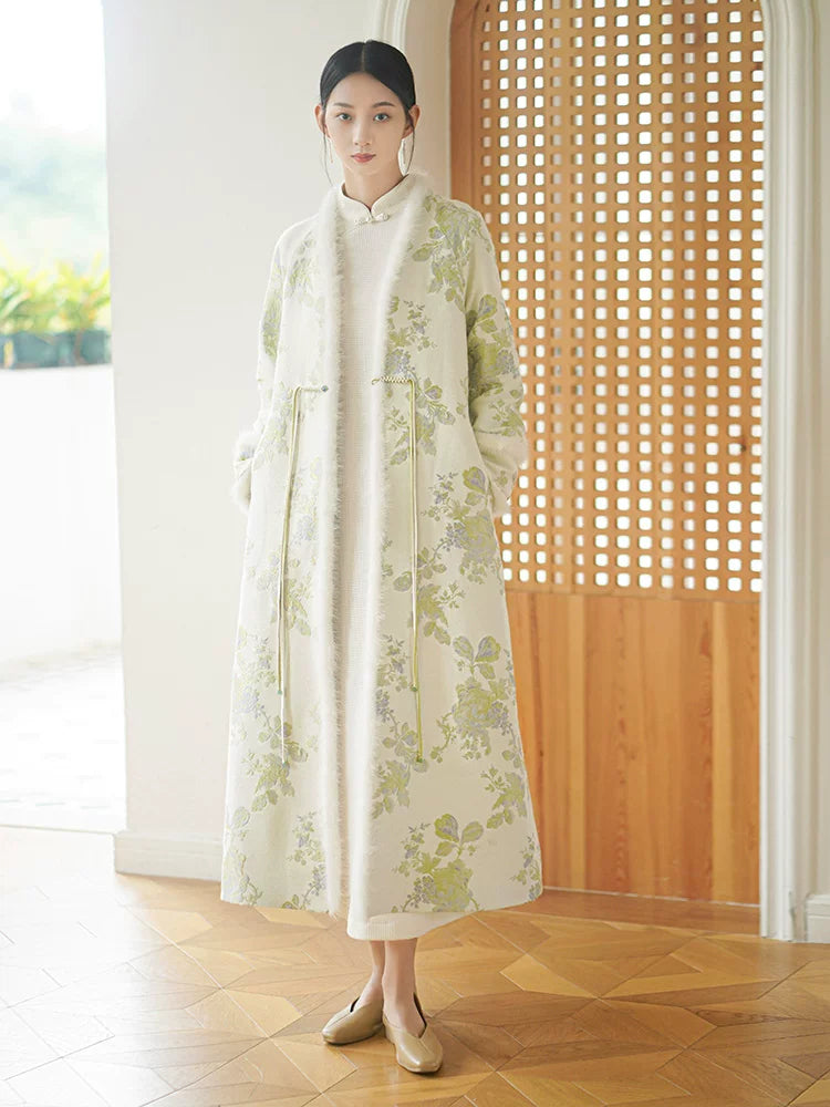 Ivory-Green woven floral wool-blend long coat shown as a polished New Chinese Style coat, highlighting woven floral pattern, wool-blend texture and elegant long-line shape.