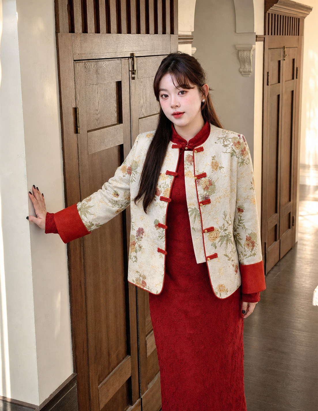 Ivory jacquard jacket and red qipao alternate natural view on East Asian model