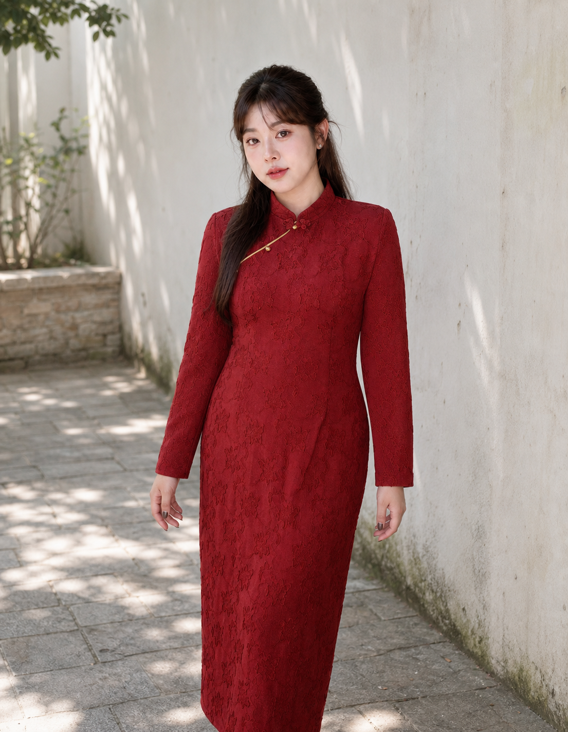 Red jacquard cheongsam dress only natural outdoor view on East Asian model