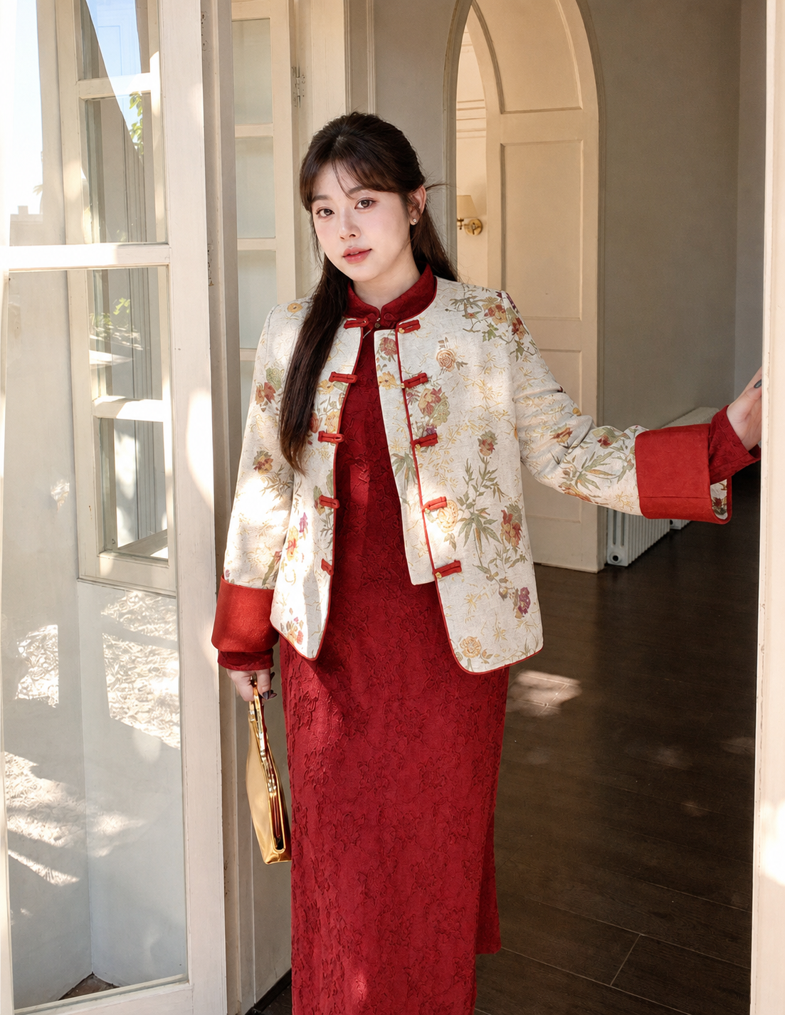 Ivory jacquard padded jacket and red qipao natural outfit view on East Asian model