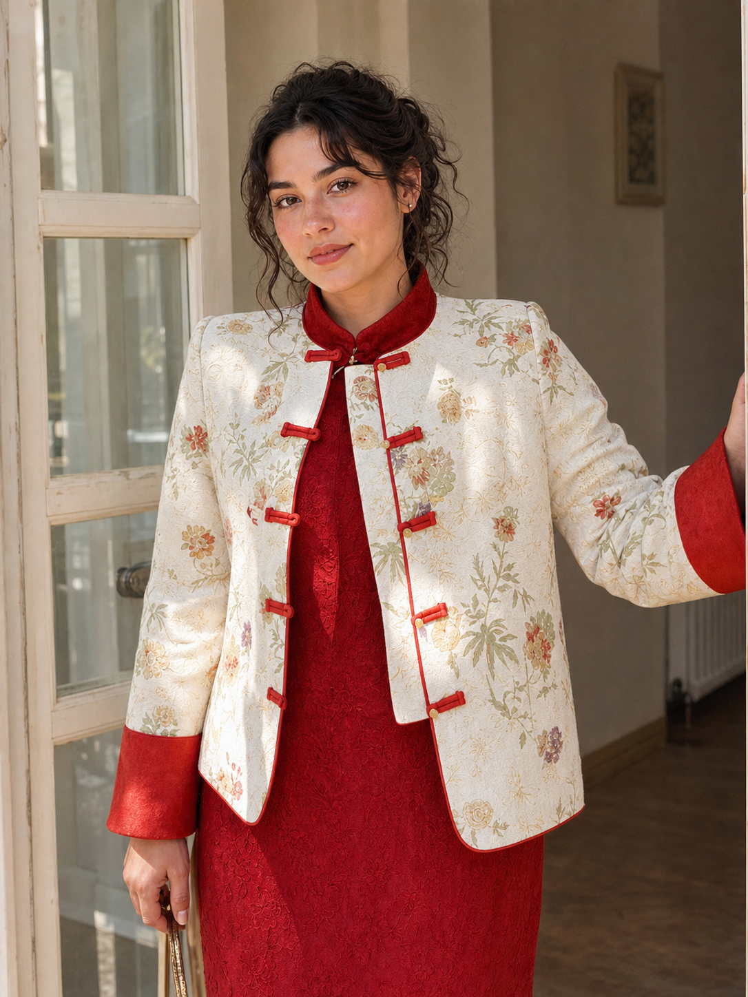 Ivory jacquard jacket floral weave, frog closures and red cuff detail