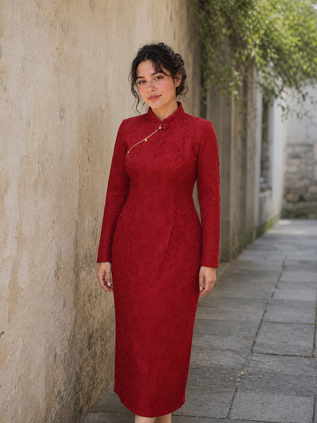 Red jacquard cheongsam dress only natural lane view on Western model