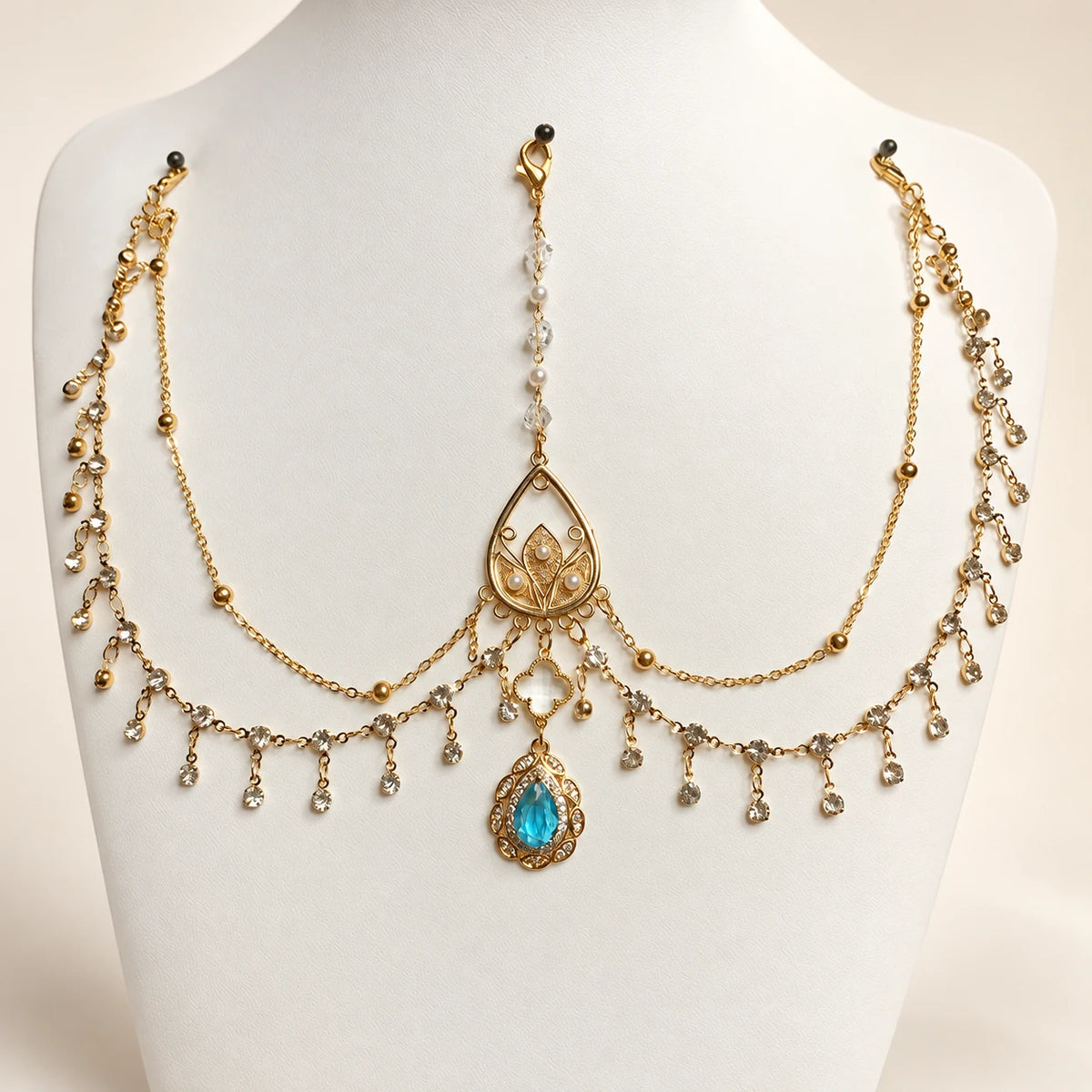Mermaid Blue forehead chain on a display bust