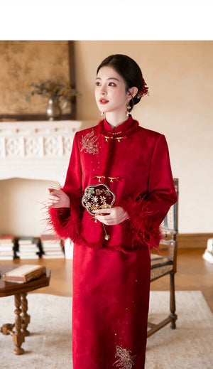 Jin An Red Bridal Cheongsam — Three-quarter view of the feather-trim jacket and dress