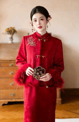 Jin An Red Bridal Cheongsam — Front portrait showing jacket details