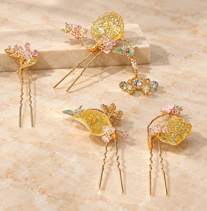 Smaller floral hairpins with hanging decorative drops
