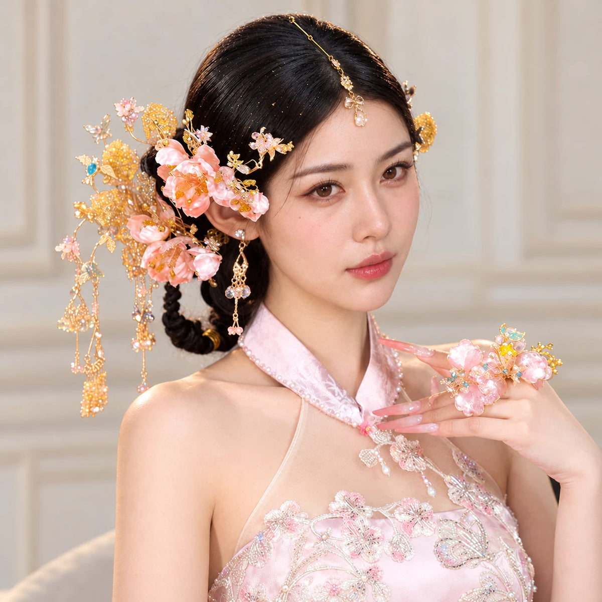 Side portrait of champagne-pink bridal hairpins