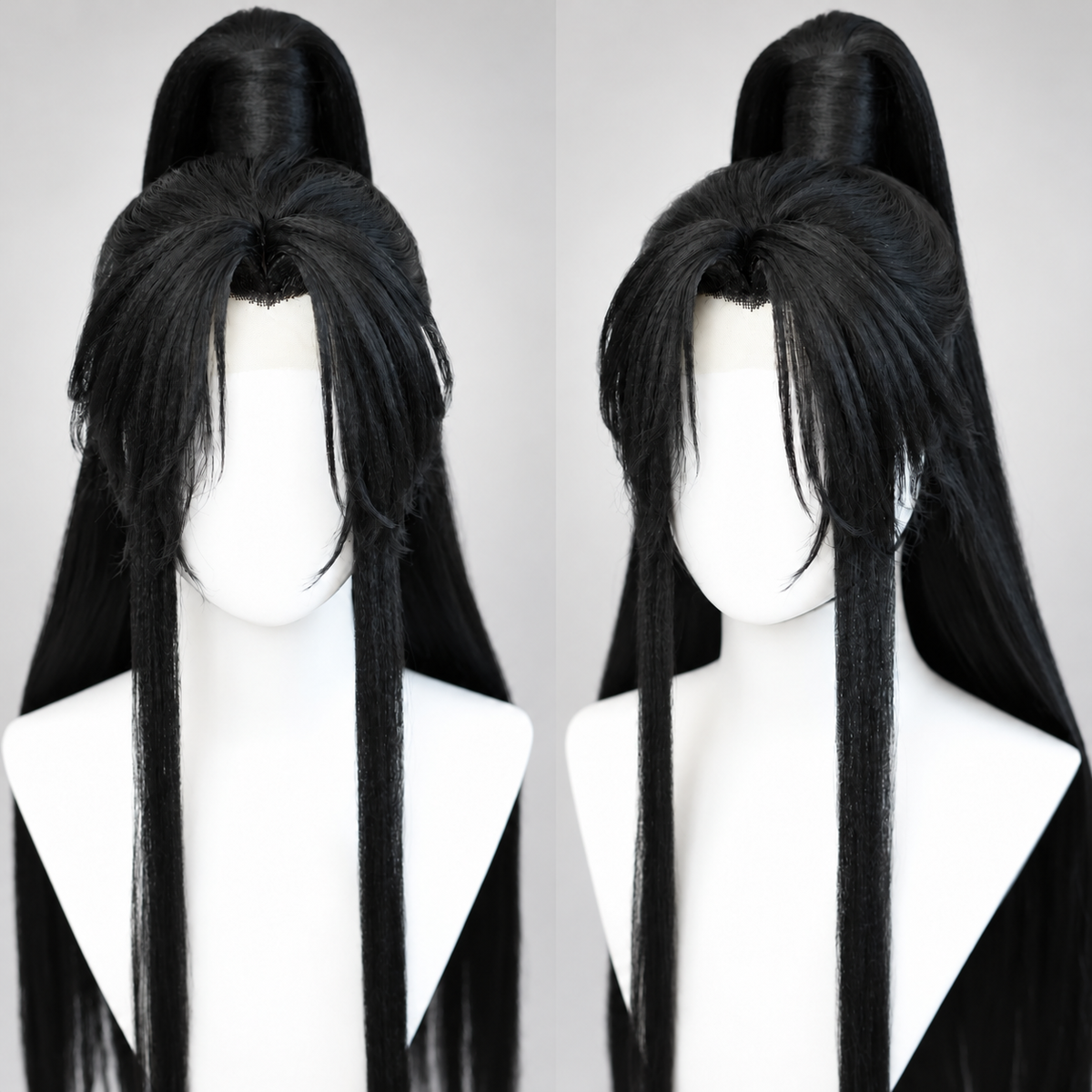 Black Lan Wangji cosplay wig, center part insert, showing fringe and raised crown