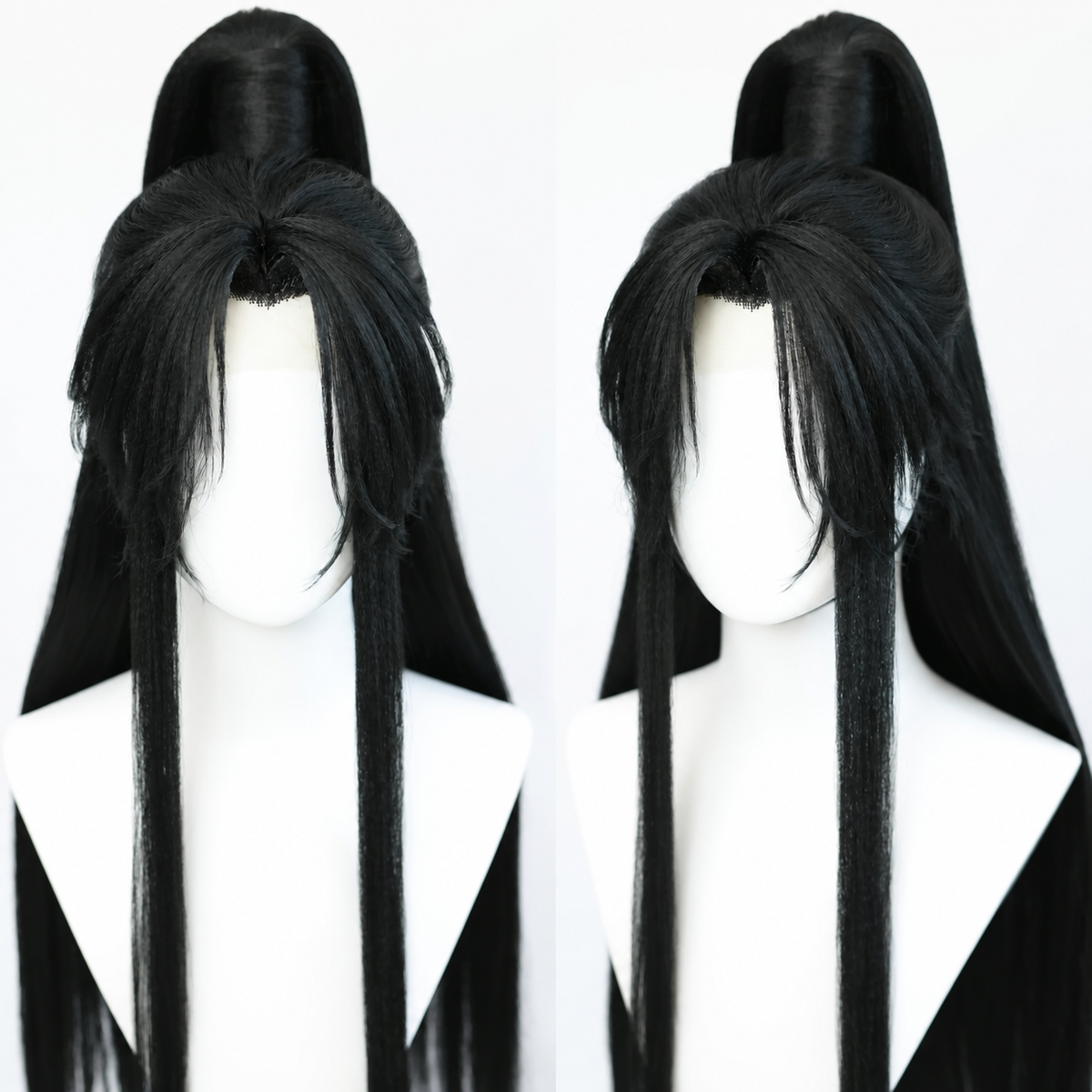 Black Lan Wangji cosplay wig, center part insert, showing fringe and raised crown