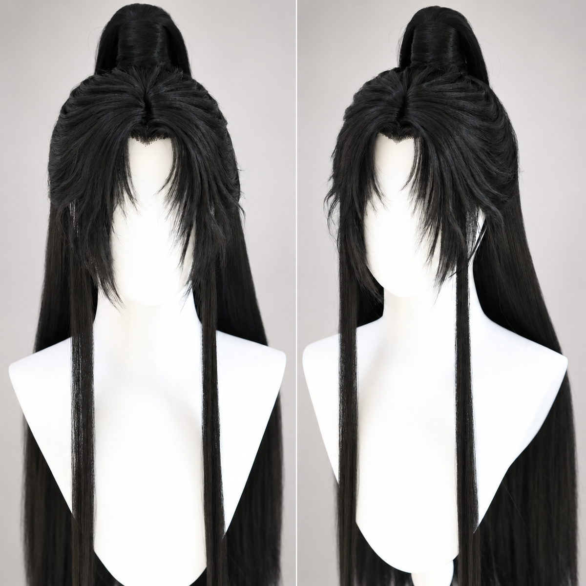 Black Lan Wangji cosplay wig, comic style three, showing fringe and raised crown