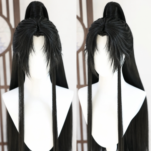 Black Lan Wangji cosplay wig, comic style three, showing fringe and raised crown