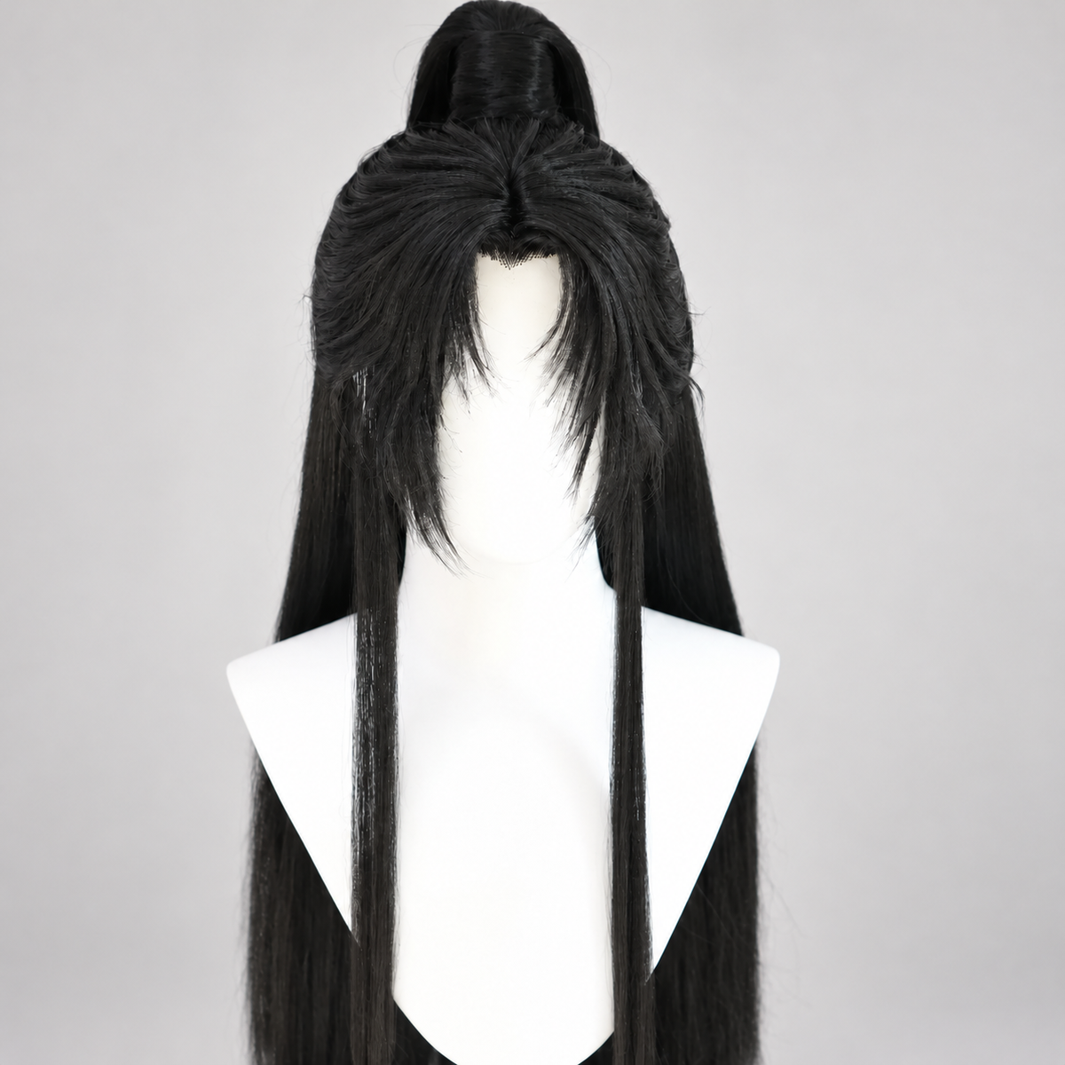 Black Lan Wangji cosplay wig, face framing, showing fringe and raised crown