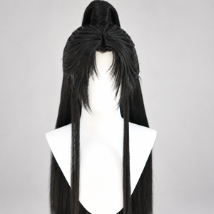 Black Lan Wangji cosplay wig, face framing, showing fringe and raised crown