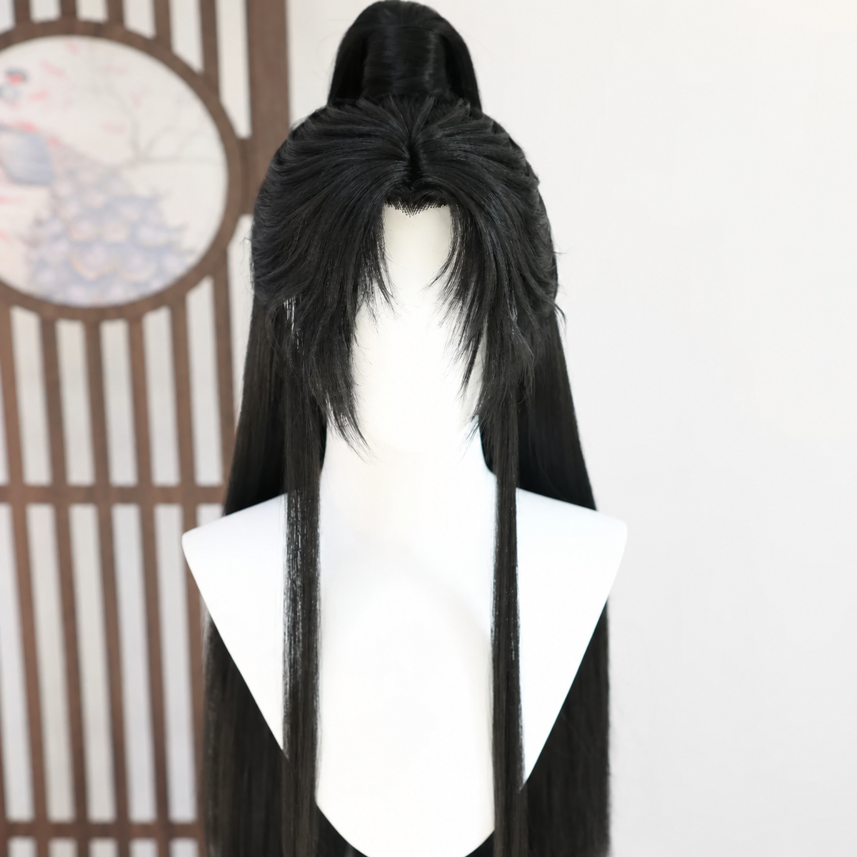 Black Lan Wangji cosplay wig, face framing, showing fringe and raised crown