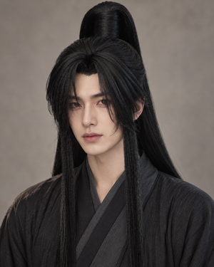 AI-generated styling preview of the lan wangji wig worn by a model, studio portrait.