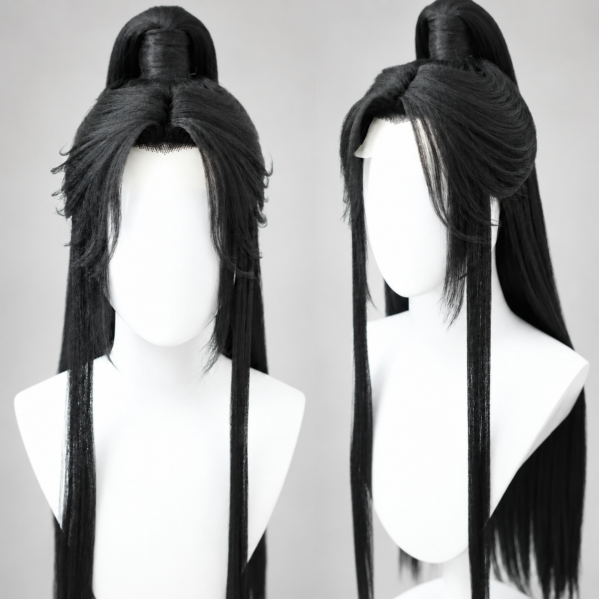 Black Lan Wangji cosplay wig, no center part insert, showing fringe and raised crown