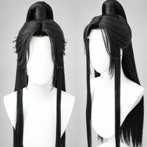Black Lan Wangji cosplay wig, no center part insert, showing fringe and raised crown