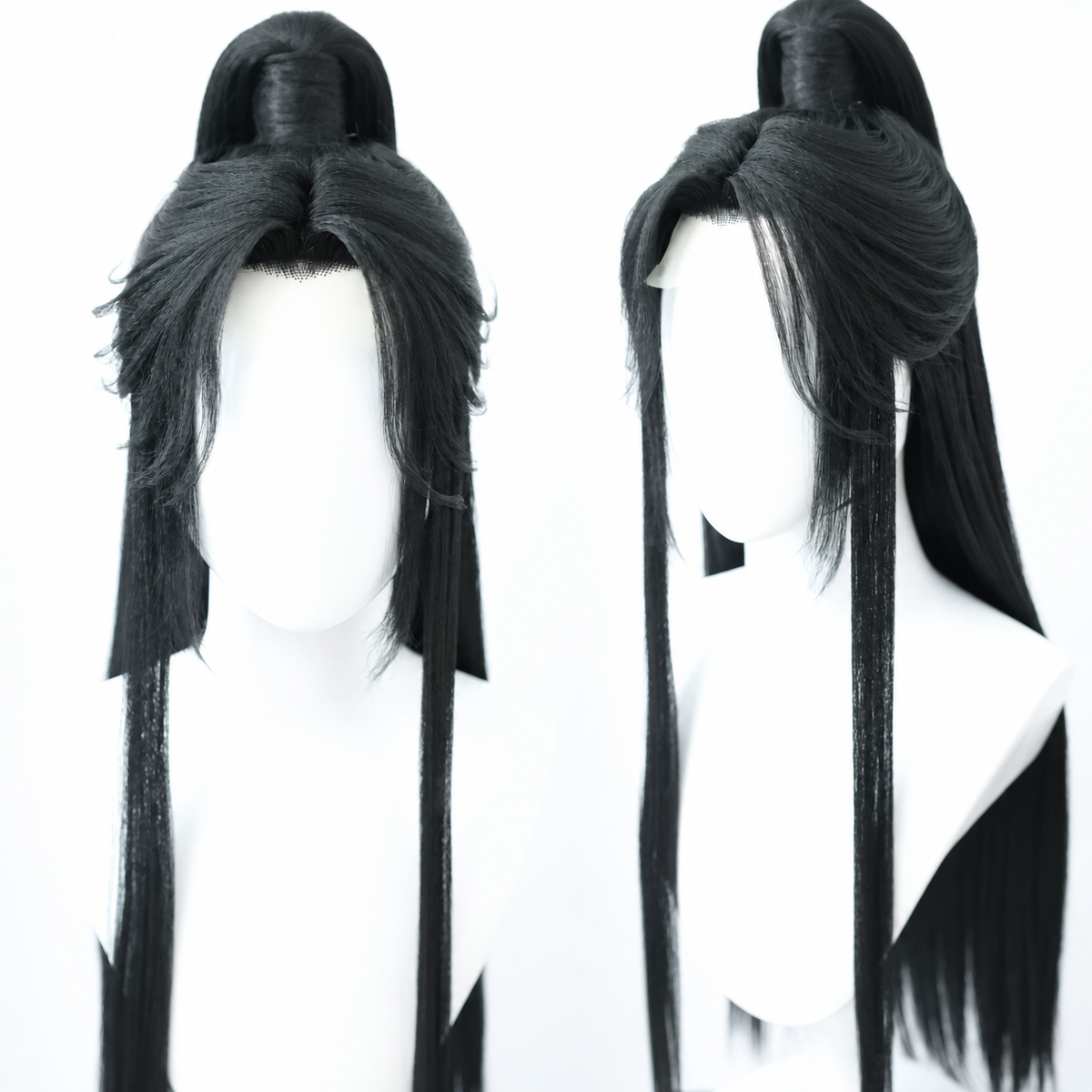 Black Lan Wangji cosplay wig, no center part insert, showing fringe and raised crown