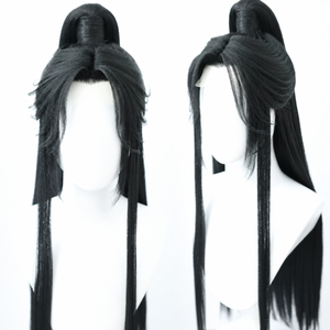 Black Lan Wangji cosplay wig, no center part insert, showing fringe and raised crown