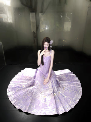 Lavender mamian skirt with its pleats spread indoors
