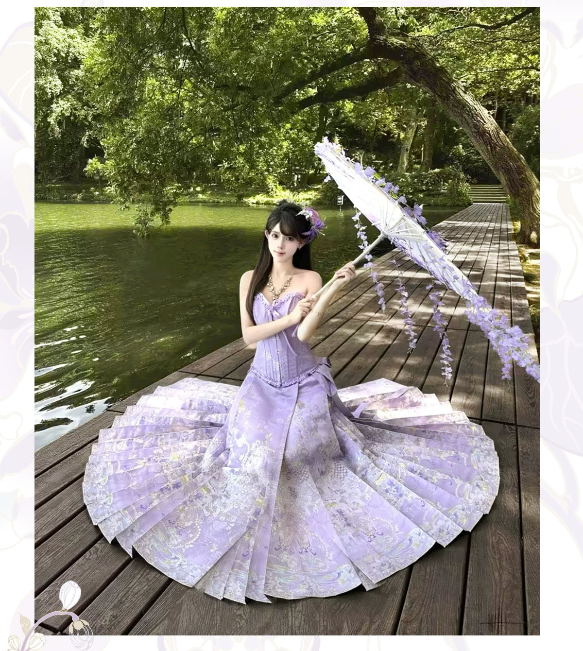 Lavender wrap skirt showing its full pleated silhouette